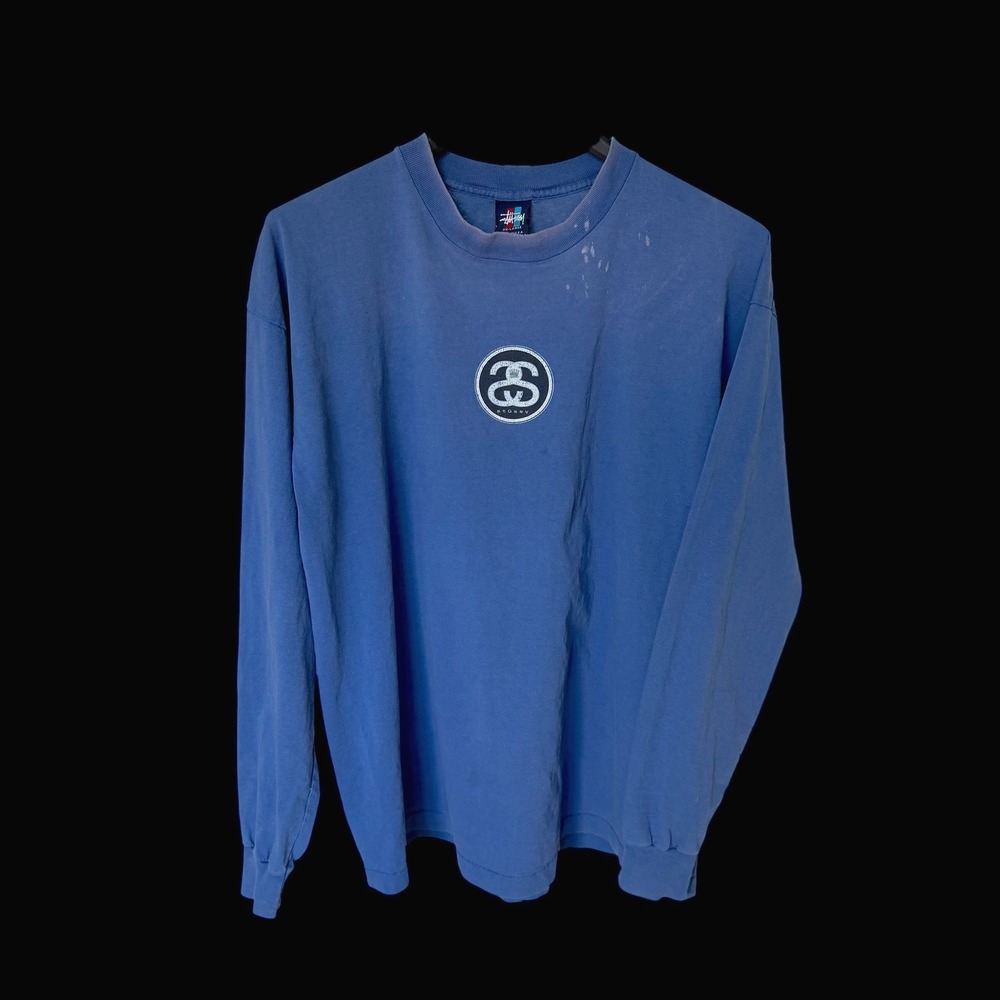 Vintage Stussy Double S Link Long Sleeve T-Shirt Blue Made in USA XXL Distressed